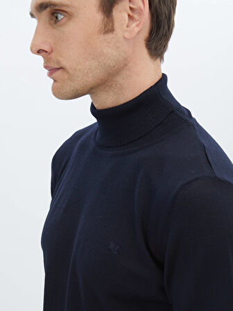 Lacivert Tam Balıkçı Yaka Yün Karışımlı Triko Kazak