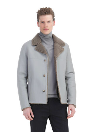 Gri Regular Fit Kelebek Yaka Casual Kürk Deri Mont