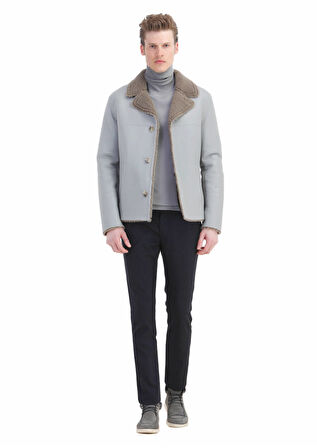 Gri Regular Fit Kelebek Yaka Casual Kürk Deri Mont