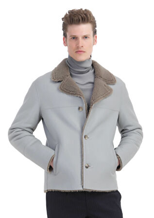 Gri Regular Fit Kelebek Yaka Casual Kürk Deri Mont