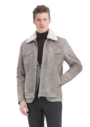 Vizon Regular Fit Gömlek Yaka Casual Süet Deri Mont