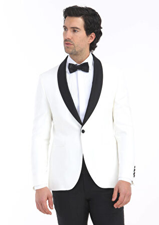 Ekru Düz Modern Fit Şal Yaka Dokuma Smokin Takım Elbise