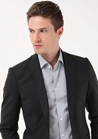 Siyah Düz Fashion Slim Fit Yün Karışımlı Takım Elbise