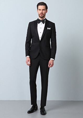 Siyah Düz Fashion Slim Fit Kruvaze Yaka Dokuma Smokin Takım Elbise