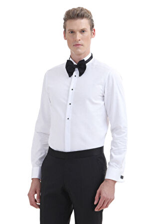 Beyaz Düz Slim Fit Duble Manşet Ata Yaka Smokin Gömlek