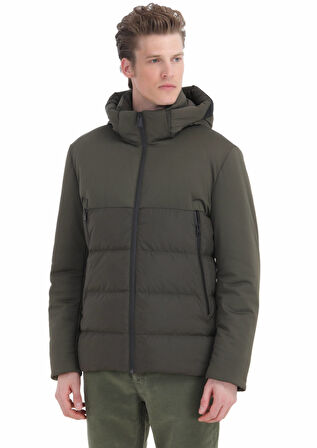 Haki Regular Fit Kapüşonlu Casual Dokuma Mont