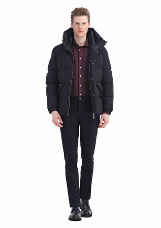 Lacivert Regular Fit Kapüşonlu Casual Dokuma Mont