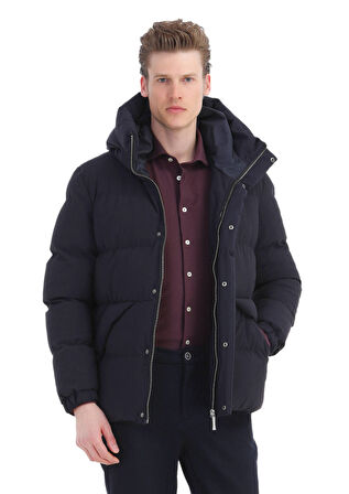 Lacivert Regular Fit Kapüşonlu Casual Dokuma Mont