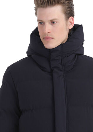 Lacivert Regular Fit Kapüşonlu Casual Dokuma Mont