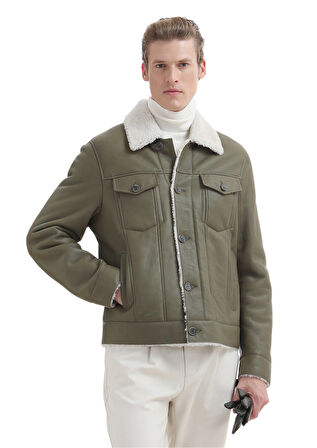 Haki Regular Fit Gömlek Yaka Casual Kürk Deri Mont