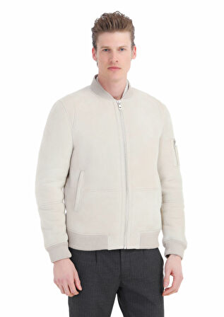 Bej Regular Fit Dik Yaka Casual Kürk Deri Mont
