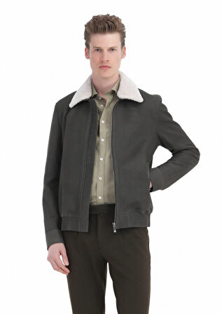 Haki Regular Fit Gömlek Yaka Casual Süet Deri Mont