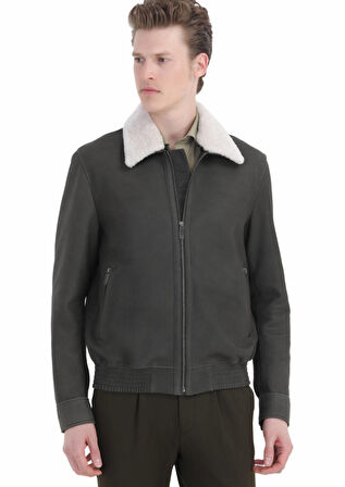 Haki Regular Fit Gömlek Yaka Casual Süet Deri Mont