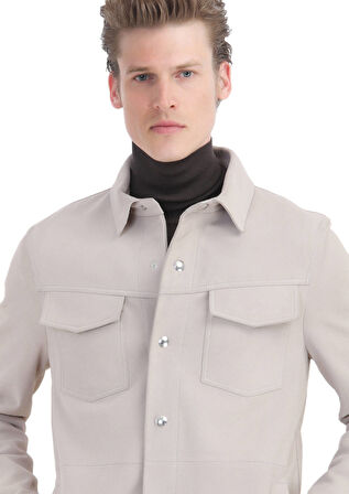 Bej Regular Fit Gömlek Yaka Casual Süet Deri Mont