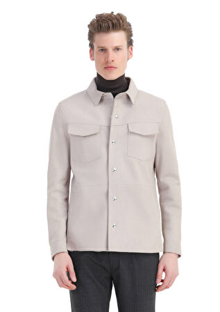 Bej Regular Fit Gömlek Yaka Casual Süet Deri Mont