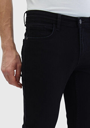 Siyah Düz Slim Fit Denim Pamuk Karışımlı Pantolon
