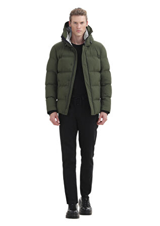 Haki Regular Fit Kapüşonlu Casual Dokuma Mont