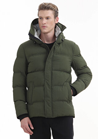 Haki Regular Fit Kapüşonlu Casual Dokuma Mont