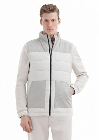 Ekru Regular Fit Dik Yaka Casual Dokuma Spor Yelek