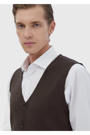 Kahverengi Regular Fit V Yaka Casual Örme Triko Yelek