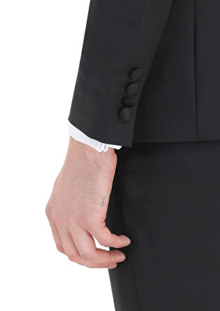 Siyah Düz Fashion Slim Fit Kruvaze Yaka Dokuma Smokin Takım Elbise