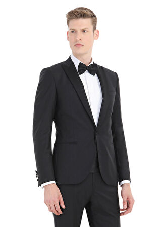 Siyah Düz Fashion Slim Fit Kruvaze Yaka Dokuma Smokin Takım Elbise