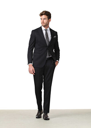 Siyah Düz Regular Fit %100 Yün Takım Elbise