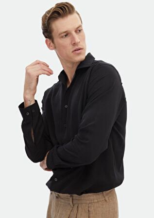Siyah Düz Regular Fit Dokuma Casual Gömlek