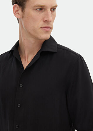 Siyah Düz Regular Fit Dokuma Casual Gömlek
