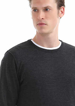 Antrasit Bisiklet Yaka Düz Örgü %100 Yün Triko Kazak