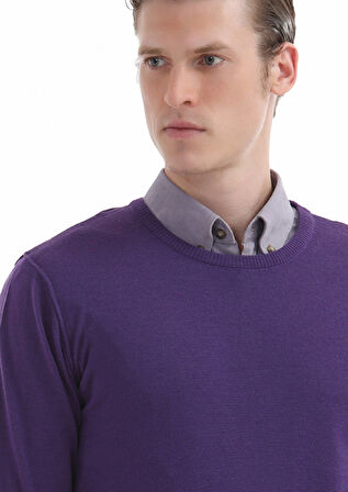 Mor Bisiklet Yaka Düz Örgü %100 Yün Triko Kazak