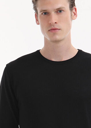 Siyah Bisiklet Yaka Düz Örgü %100 Yün Triko Kazak