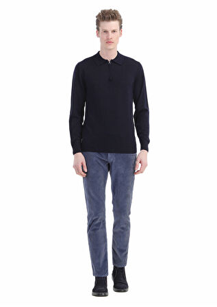 Lacivert Polo Yaka Düz Örgü %100 Yün Triko Kazak