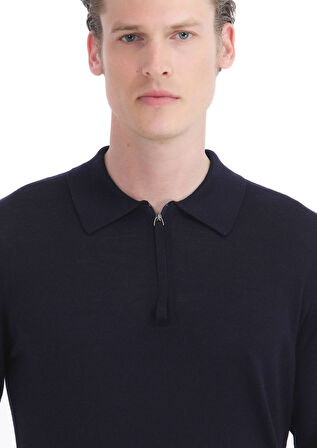 Lacivert Polo Yaka Düz Örgü %100 Yün Triko Kazak