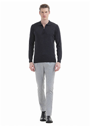 Antrasit Polo Yaka Düz Örgü %100 Yün Triko Kazak