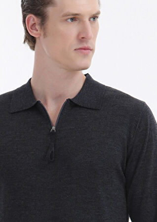 Antrasit Polo Yaka Düz Örgü %100 Yün Triko Kazak
