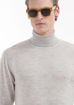 Açık Bej Tam Balıkçı Yaka Düz Örgü %100 Yün Triko Kazak