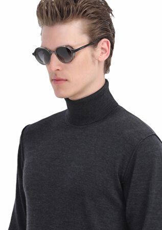 Antrasit Tam Balıkçı Yaka Düz Örgü %100 Yün Triko Kazak