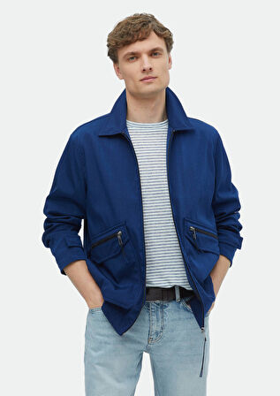 Lacivert Regular Fit Gömlek Yaka Casual Dokuma Mont