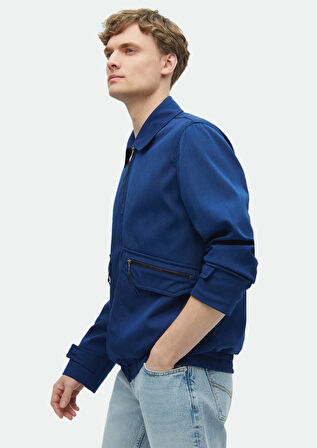 Lacivert Regular Fit Gömlek Yaka Casual Dokuma Mont