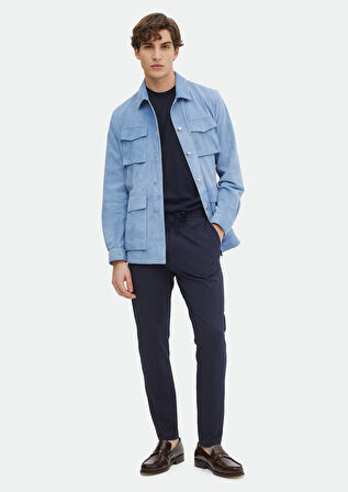 Açık Mavi Regular Fit Gömlek Yaka Casual Süet Deri Mont
