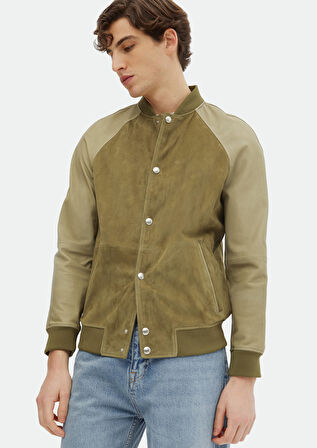 Haki Regular Fit Dik Yaka Casual Süet Deri Mont