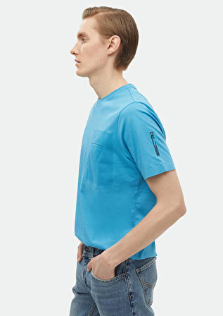 Turkuaz Düz Bisiklet Yaka %100 Pamuk T-Shirt