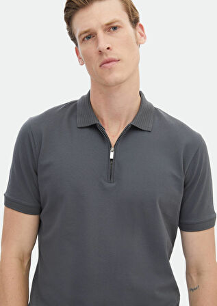 Koyu Gri Düz Polo Yaka %100 Pamuk T-Shirt