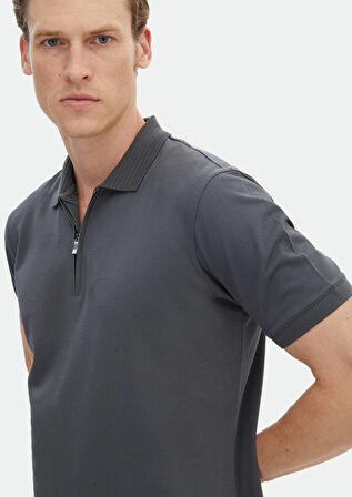 Koyu Gri Düz Polo Yaka %100 Pamuk T-Shirt
