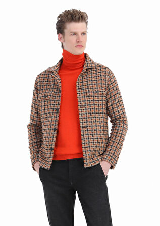 Turuncu Tam Balıkçı Yaka Jakarlı Yün Karışımlı Triko Kazak