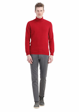 Kırmızı Tam Balıkçı Yaka Jakarlı Yün Karışımlı Triko Kazak