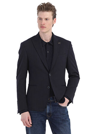 Lacivert Çizgili Zeroweight Slim Fit Örme Ceket