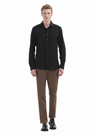 Siyah Düz Slim Fit Casual %100 Pamuk Gömlek