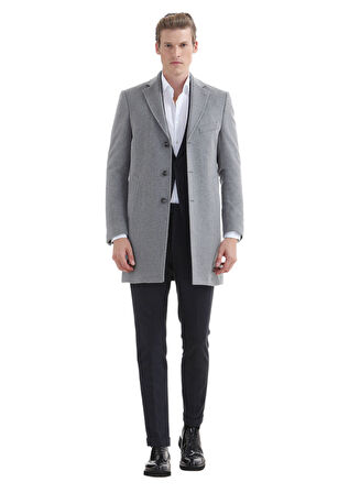 Gri Regular Fit Kelebek Yaka Klasik Dokuma Palto